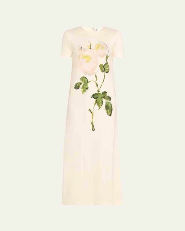 Painted White Roses Jersey Short-Sleeve Maxi Dress